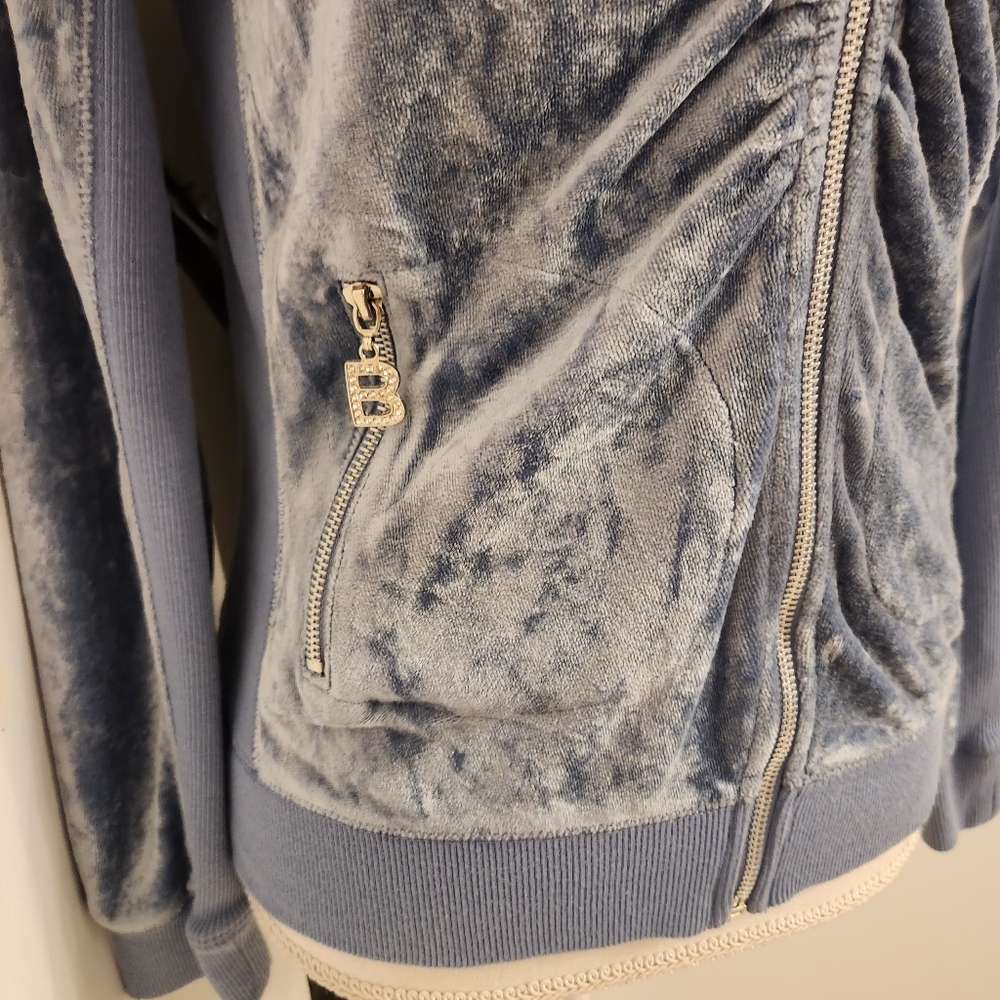 Vintage 90s Y2K BCBGMaxazria Rhinestone Velour Zip Up Hooded Track Jacket Blue - Picture 4 of 16